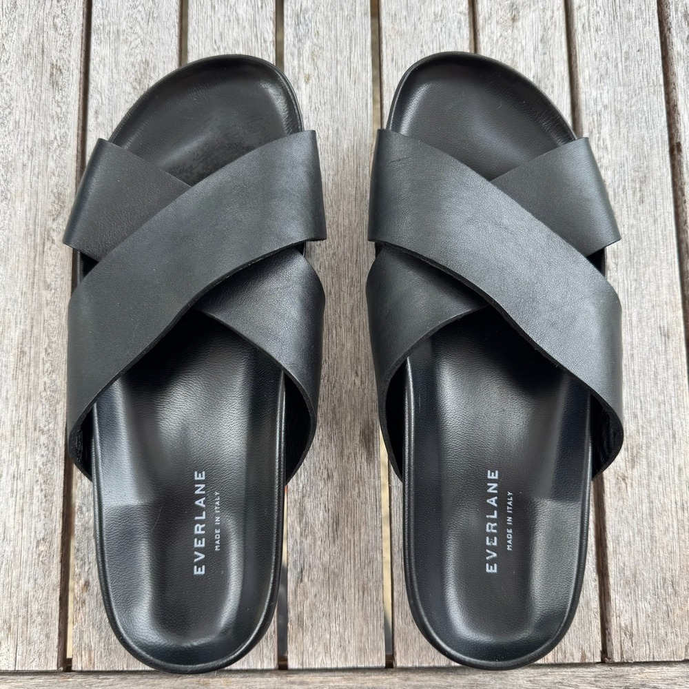 Everlane Crossover Slip On Flat Sandals Womens 11 Black Leather Casual